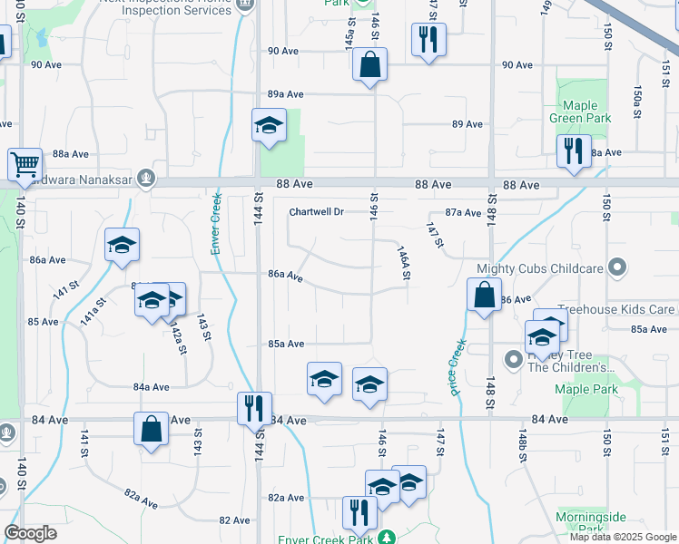 map of restaurants, bars, coffee shops, grocery stores, and more near 14409 Chartwell Drive in Surrey