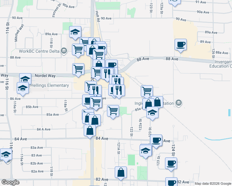 map of restaurants, bars, coffee shops, grocery stores, and more near 12117 86 Avenue in Surrey