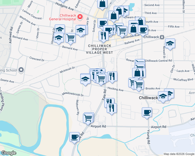 map of restaurants, bars, coffee shops, grocery stores, and more near 45669 McIntosh Drive in Chilliwack
