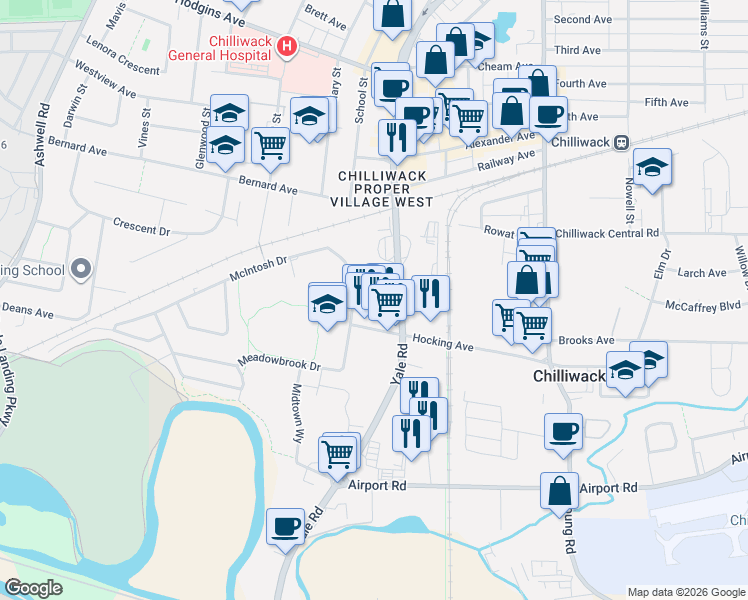map of restaurants, bars, coffee shops, grocery stores, and more near 45669 McIntosh Drive in Chilliwack