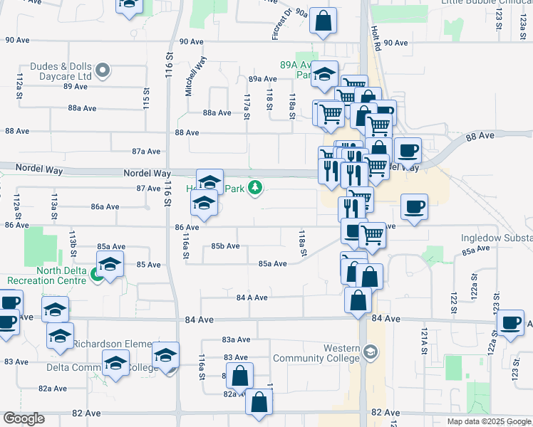 map of restaurants, bars, coffee shops, grocery stores, and more near 11789 86 Avenue in Delta