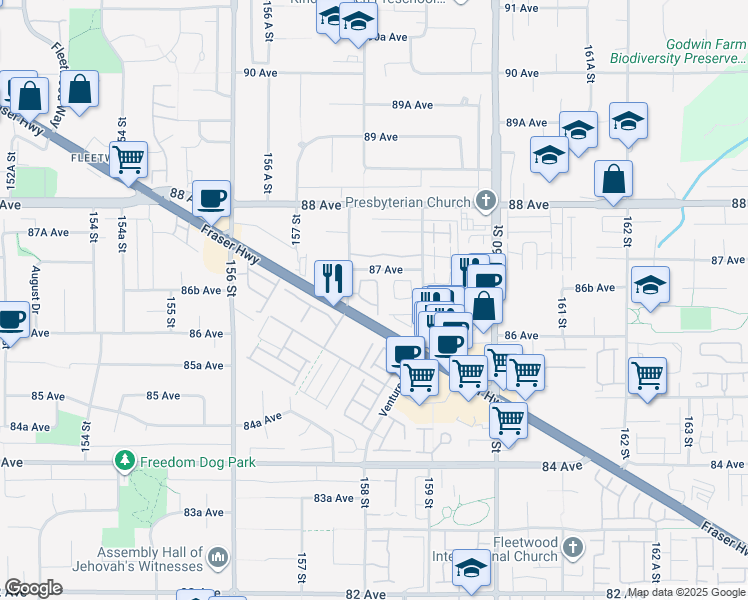 map of restaurants, bars, coffee shops, grocery stores, and more near 8676 158 Street in Surrey