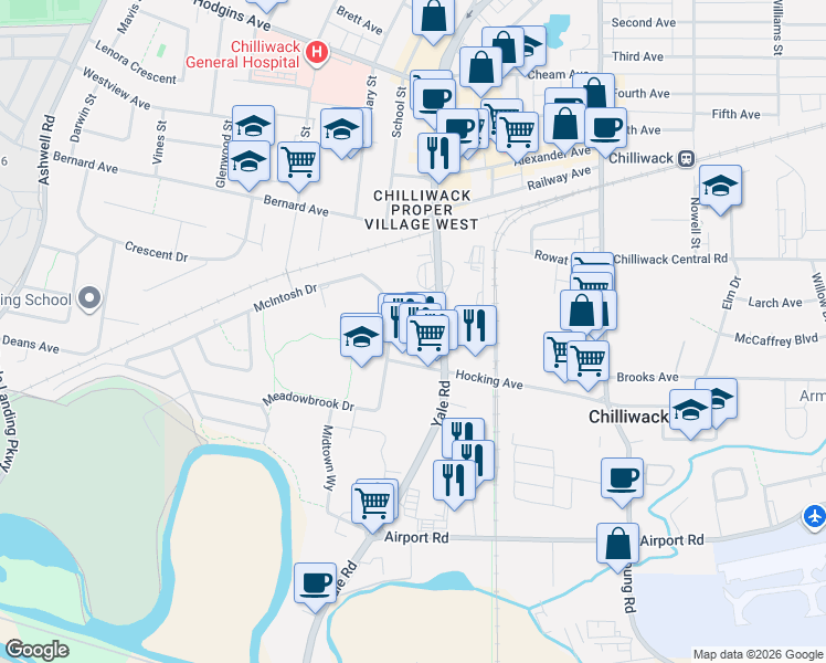 map of restaurants, bars, coffee shops, grocery stores, and more near 45669 McIntosh Drive in Chilliwack