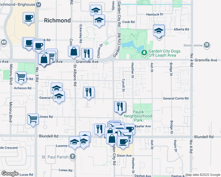 map of restaurants, bars, coffee shops, grocery stores, and more near 8780 Bennett Road in Richmond
