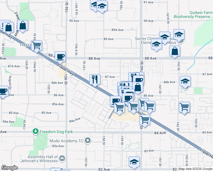 map of restaurants, bars, coffee shops, grocery stores, and more near 8676 158 Street in Surrey