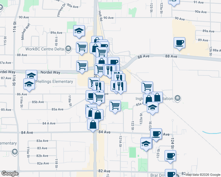 map of restaurants, bars, coffee shops, grocery stores, and more near 12118 86 Avenue in Surrey