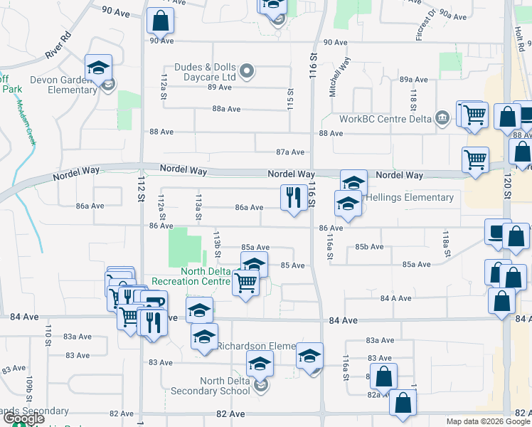 map of restaurants, bars, coffee shops, grocery stores, and more near 11474 86A Avenue in Delta