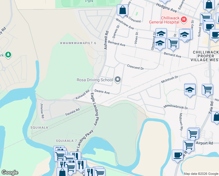 map of restaurants, bars, coffee shops, grocery stores, and more near 45240 Trutch Avenue in Chilliwack