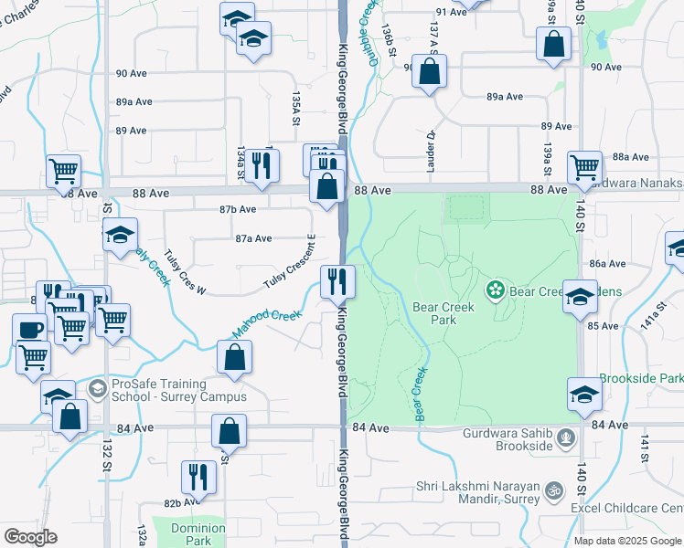 map of restaurants, bars, coffee shops, grocery stores, and more near 8630 King George Boulevard in Surrey