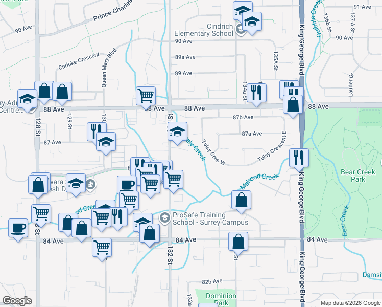 map of restaurants, bars, coffee shops, grocery stores, and more near 13256 Shakespeare Place in Surrey