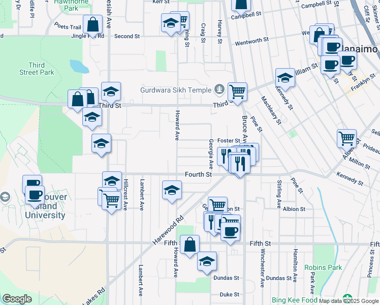 map of restaurants, bars, coffee shops, grocery stores, and more near 440 Aysgarth Street in Nanaimo