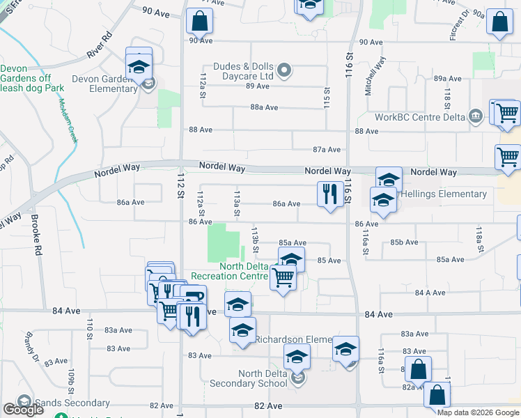 map of restaurants, bars, coffee shops, grocery stores, and more near 11384 86A Avenue in Delta