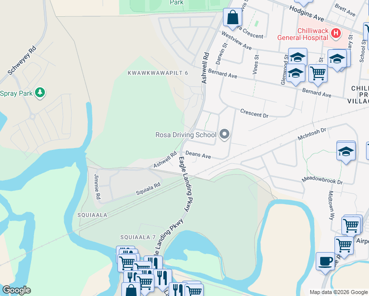 map of restaurants, bars, coffee shops, grocery stores, and more near 45135 Deans Avenue in Chilliwack