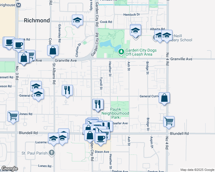 map of restaurants, bars, coffee shops, grocery stores, and more near 7331 Heather Street in Richmond