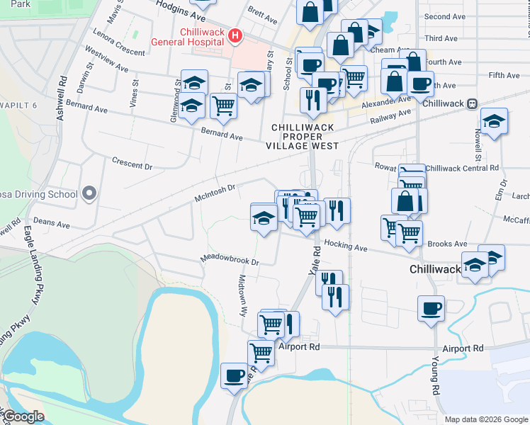 map of restaurants, bars, coffee shops, grocery stores, and more near 45650 McIntosh Drive in Chilliwack