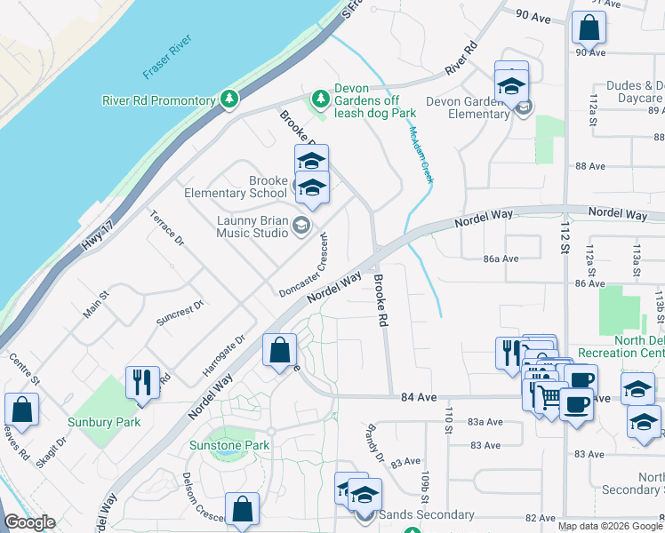 map of restaurants, bars, coffee shops, grocery stores, and more near 10815 85B Avenue in Delta