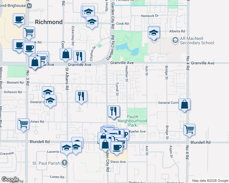 map of restaurants, bars, coffee shops, grocery stores, and more near 7373 Turnill Street in Richmond