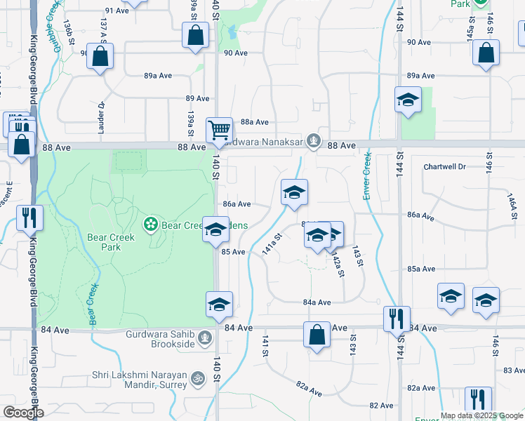 map of restaurants, bars, coffee shops, grocery stores, and more near 14092 86A Avenue in Surrey