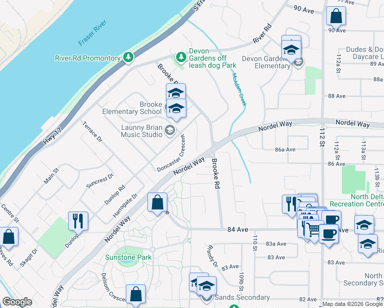map of restaurants, bars, coffee shops, grocery stores, and more near 8607 Byron Road in Delta