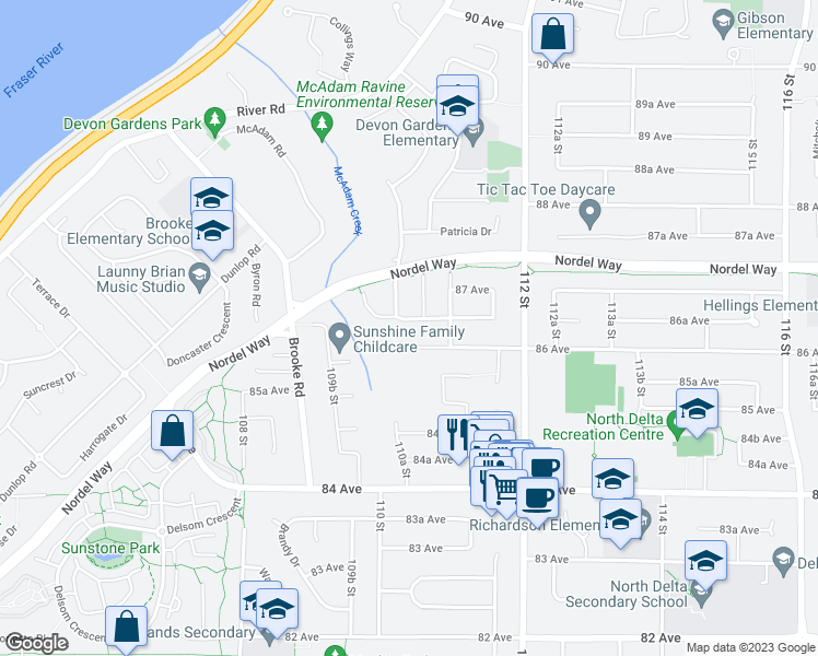 map of restaurants, bars, coffee shops, grocery stores, and more near 11032 86A Avenue in Delta