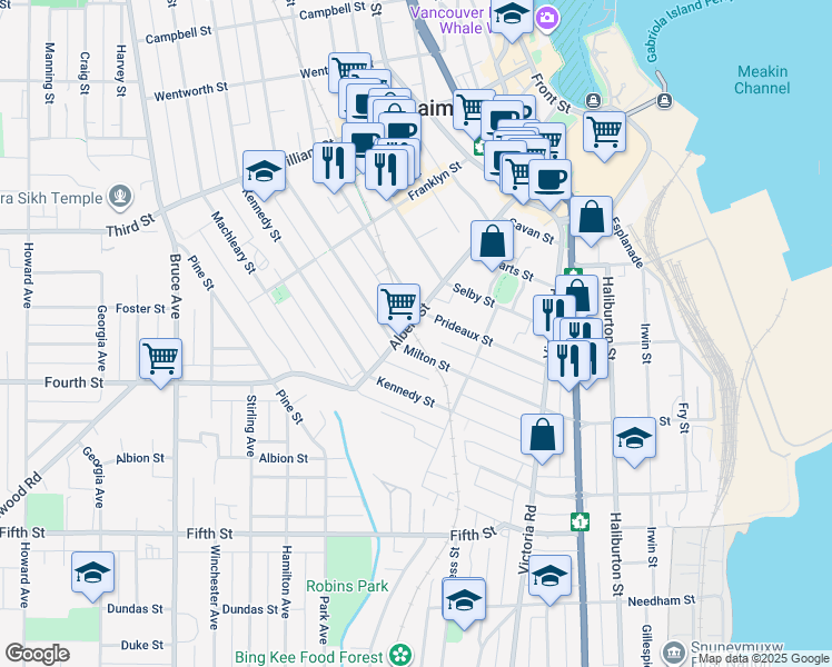 map of restaurants, bars, coffee shops, grocery stores, and more near 515 Milton Street in Nanaimo