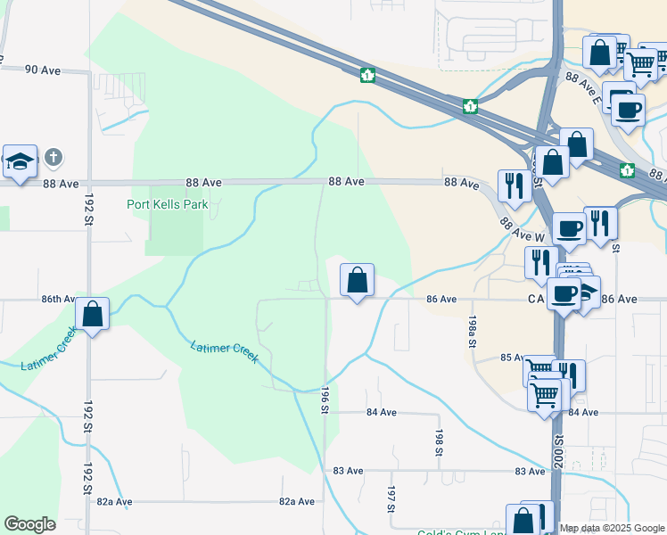 map of restaurants, bars, coffee shops, grocery stores, and more near 19615 86 Avenue in Langley