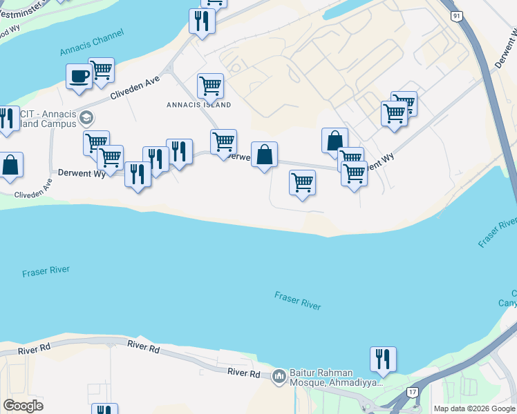map of restaurants, bars, coffee shops, grocery stores, and more near 590 Ebury Place in Delta