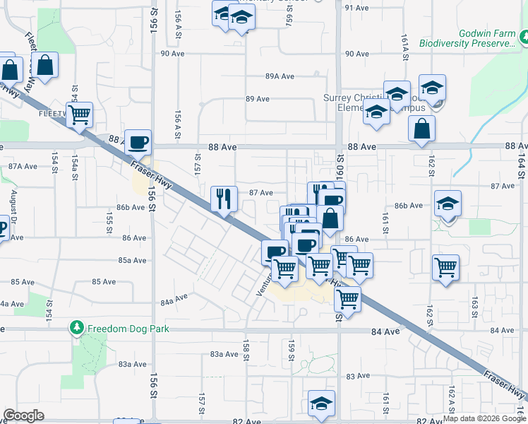 map of restaurants, bars, coffee shops, grocery stores, and more near 8655 159 Street in Surrey