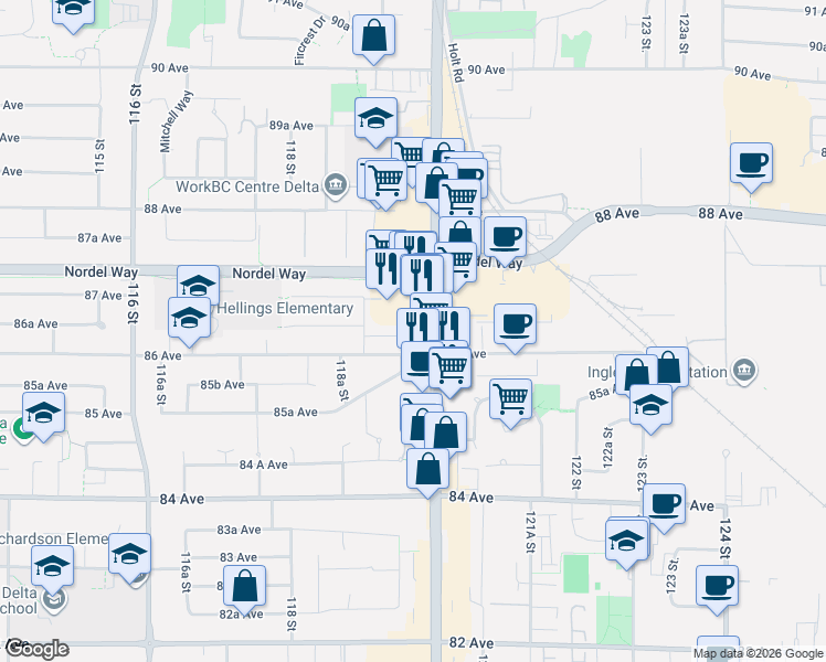 map of restaurants, bars, coffee shops, grocery stores, and more near 11940 86 Avenue in Delta