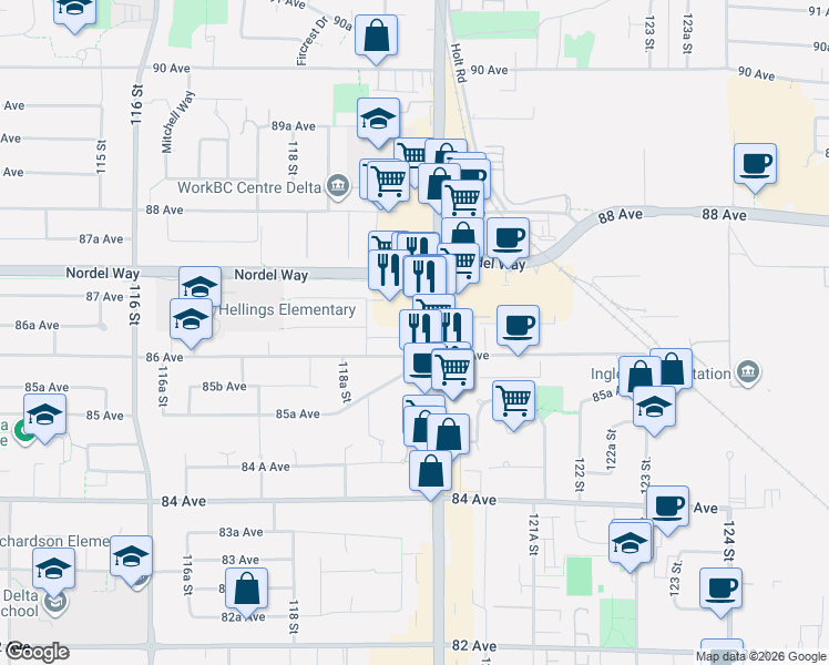map of restaurants, bars, coffee shops, grocery stores, and more near 11940 86 Avenue in Delta