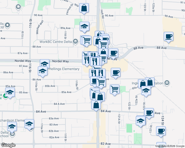 map of restaurants, bars, coffee shops, grocery stores, and more near 8635 120 Street in Delta