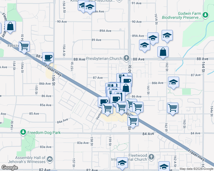 map of restaurants, bars, coffee shops, grocery stores, and more near 8655 159 Street in Surrey