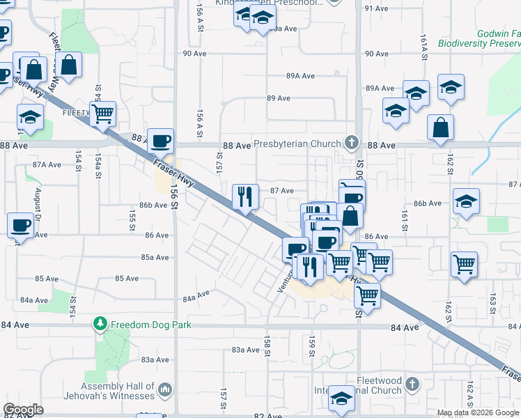 map of restaurants, bars, coffee shops, grocery stores, and more near 8676 158 Street in Surrey
