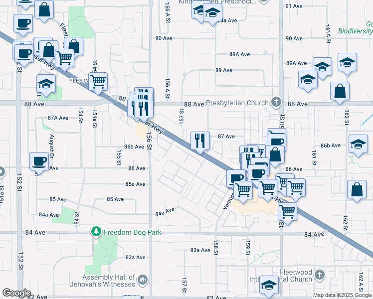 map of restaurants, bars, coffee shops, grocery stores, and more near 15730 Fraser Highway in Surrey