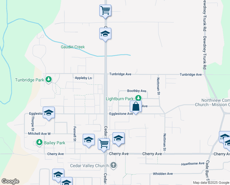 map of restaurants, bars, coffee shops, grocery stores, and more near 8669 Henderson Street in Mission