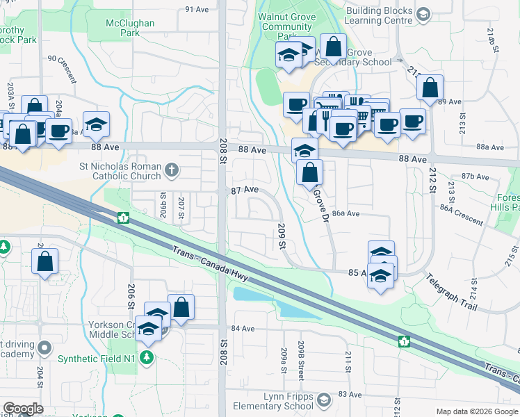 map of restaurants, bars, coffee shops, grocery stores, and more near 7848 209 Street in Langley Township