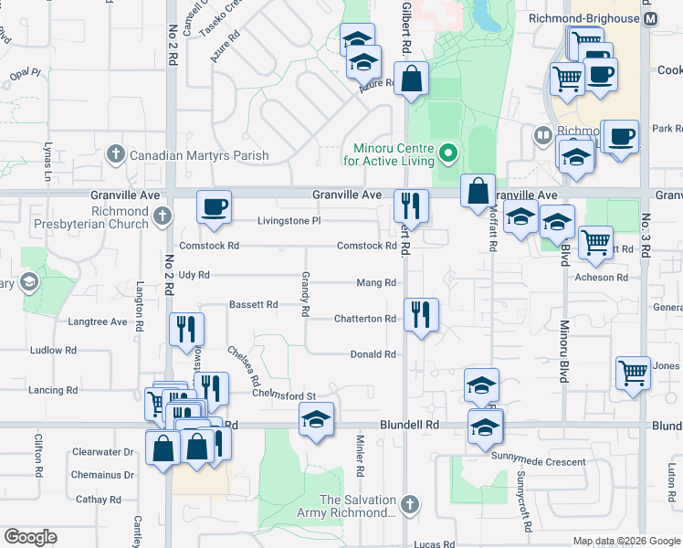 map of restaurants, bars, coffee shops, grocery stores, and more near 6611 Mang Road in Richmond