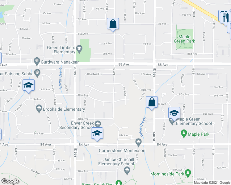 map of restaurants, bars, coffee shops, grocery stores, and more near 14625 86B Avenue in Surrey