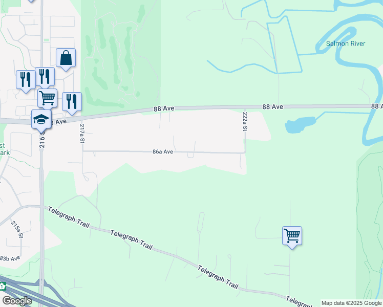 map of restaurants, bars, coffee shops, grocery stores, and more near 22085 86A Avenue in Langley