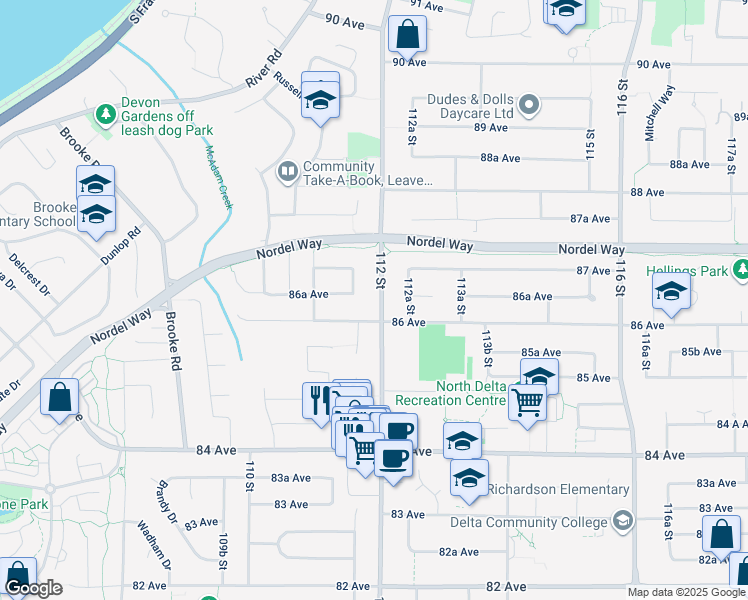 map of restaurants, bars, coffee shops, grocery stores, and more near 8631 112 Street in Delta
