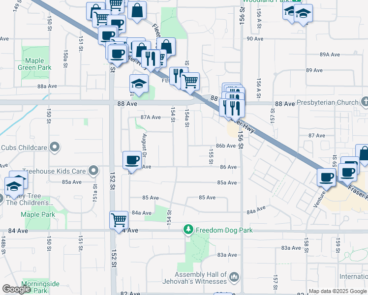 map of restaurants, bars, coffee shops, grocery stores, and more near 8665 154A Street in Surrey