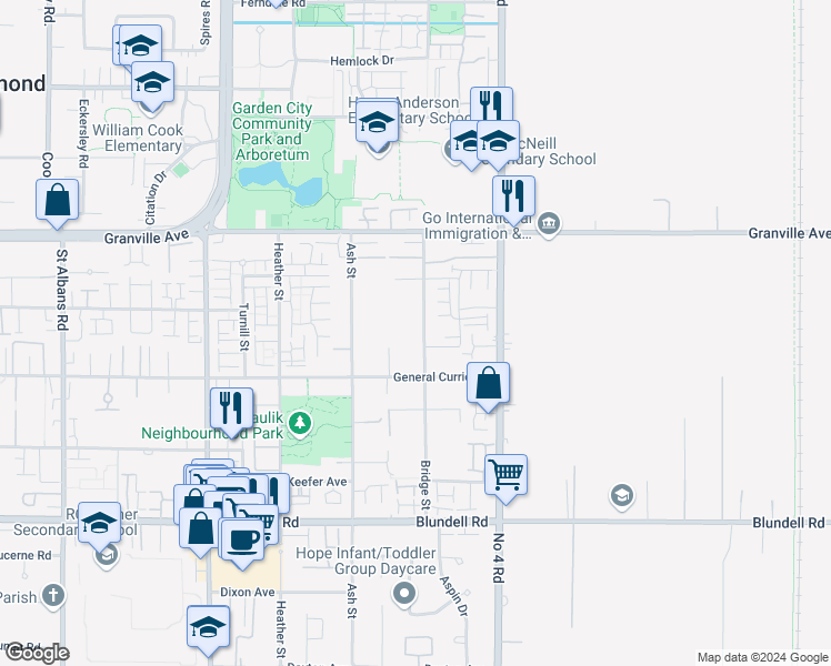 map of restaurants, bars, coffee shops, grocery stores, and more near 7151 Bridge Street in Richmond