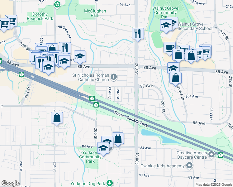 map of restaurants, bars, coffee shops, grocery stores, and more near 8669 207 Street in Langley