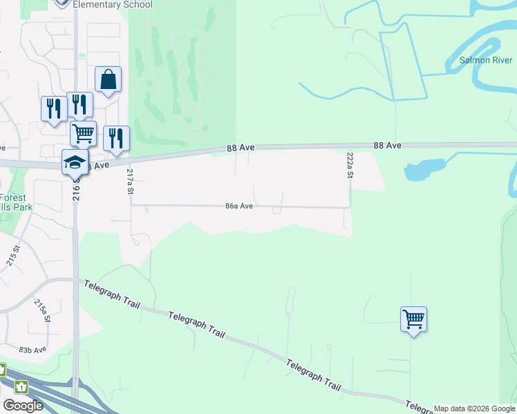 map of restaurants, bars, coffee shops, grocery stores, and more near 22034 86A Avenue in Langley
