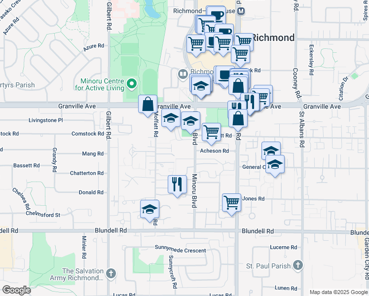 map of restaurants, bars, coffee shops, grocery stores, and more near 214-6451 Minoru Boulevard in Richmond