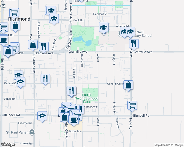map of restaurants, bars, coffee shops, grocery stores, and more near 7288 Heather Street in Richmond