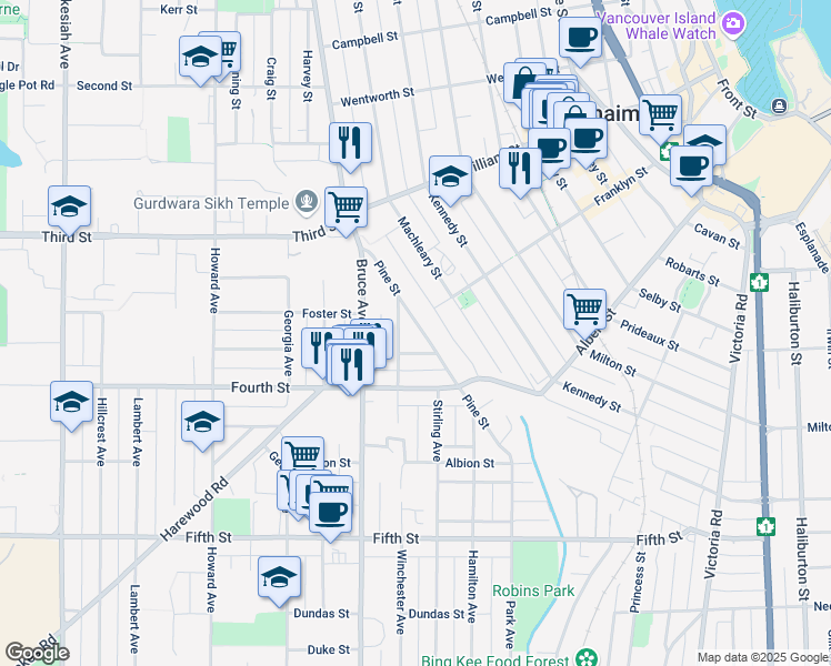 map of restaurants, bars, coffee shops, grocery stores, and more near 369 Pine Street in Nanaimo