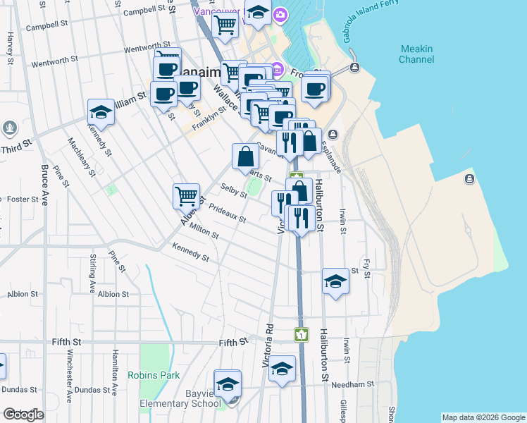 map of restaurants, bars, coffee shops, grocery stores, and more near 645 Selby Street in Nanaimo