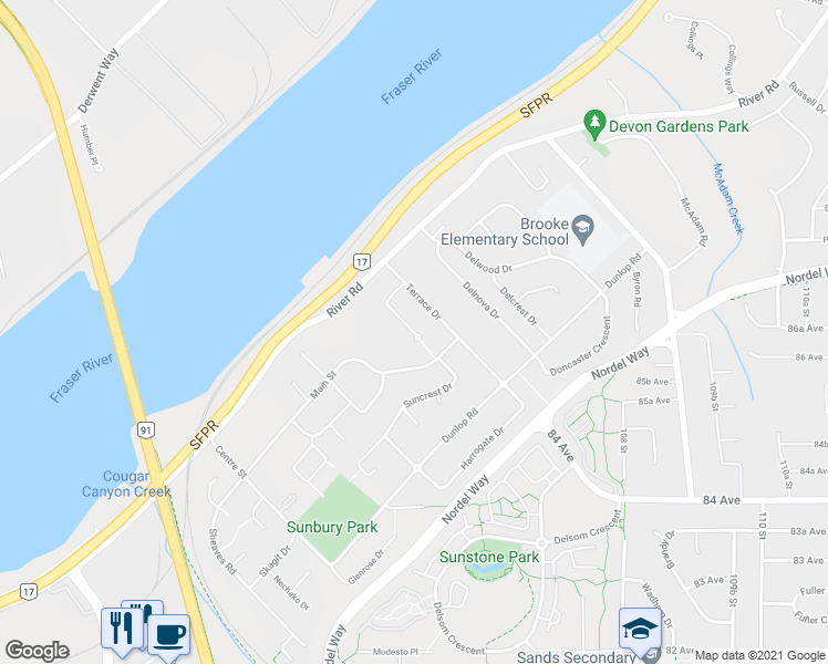 map of restaurants, bars, coffee shops, grocery stores, and more near 8594 Sunbury Place in Delta