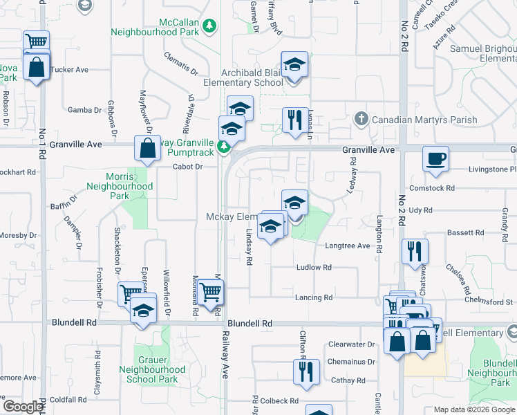 map of restaurants, bars, coffee shops, grocery stores, and more near 7180 Lindsay Road in Richmond